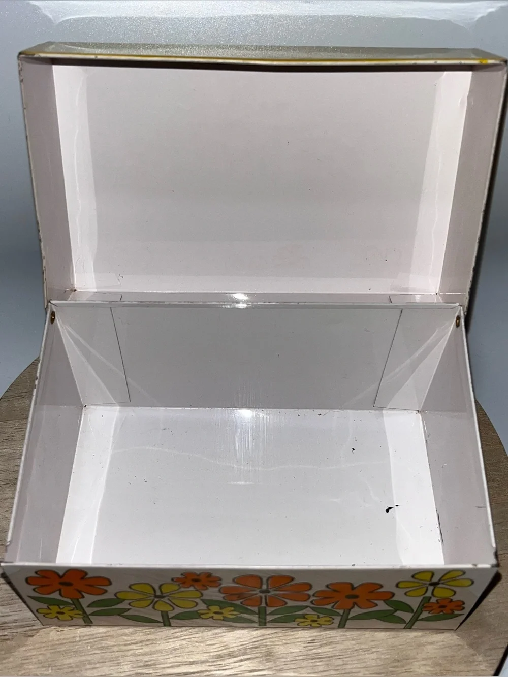 Rare Vtg Otagiri Stamped OMC Japan Metal Recipe Tin Mod MCM Yellow Flower Power
